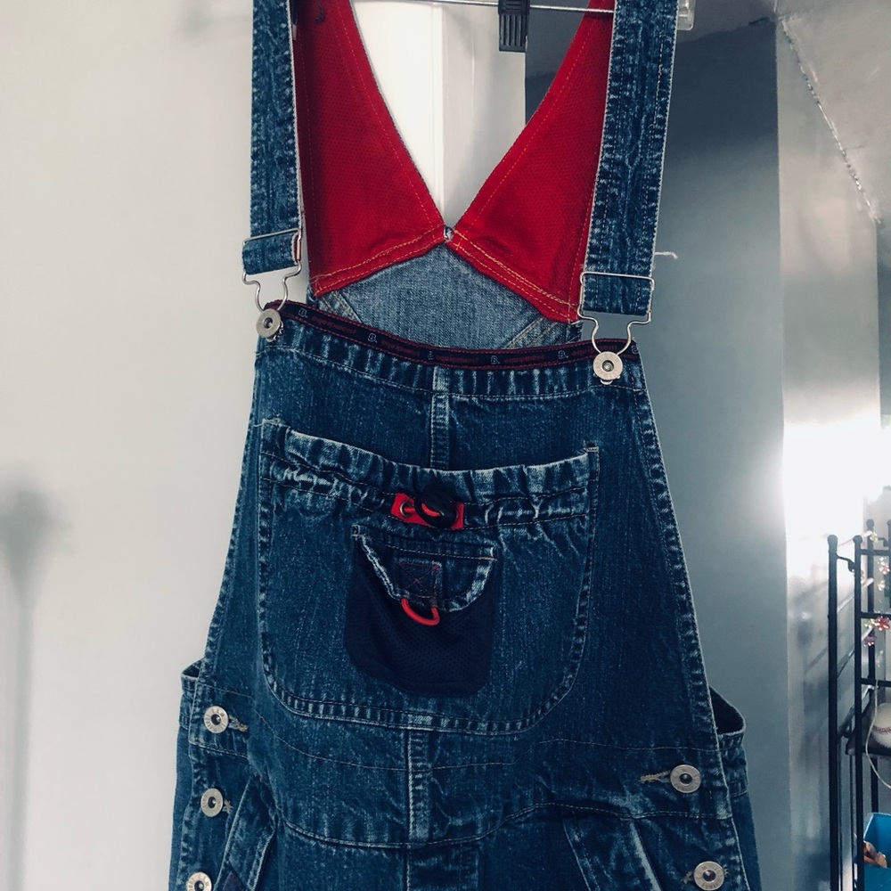 BUM Equipment Blue Denim Overalls with Red Accents